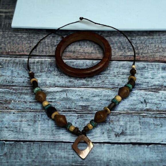 Handmade Bohemian Wood Beaded Necklace & Bangle Set Turquoise Brown Geometric - Picture 1 of 6